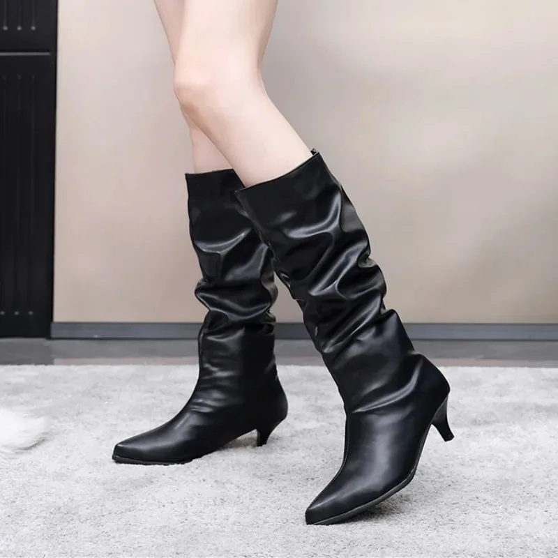 여성용 하이힐, 솔리드 PU 플리츠, 포인티드 토, 슬립온, 얇은 힐, 모던 부츠, 높이 5cm, 가을, 겨울, 새로운 스타일 패션
