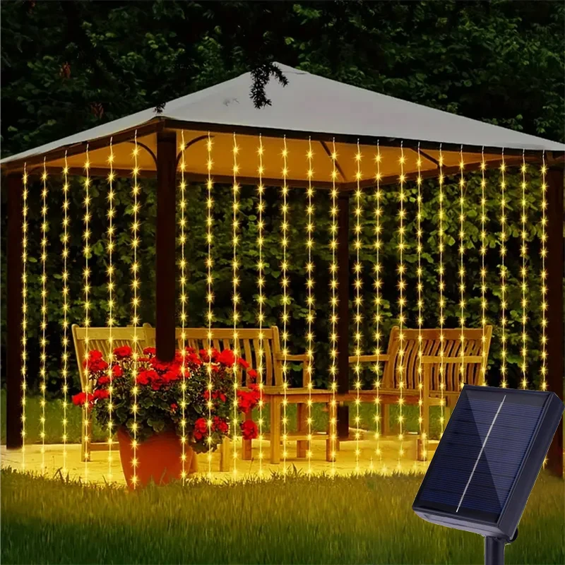 thumbnail image 1 of Cortina de luces solares de 3 m, luces navideñas de hadas con 8 modos para exteriores, Navidad, hogar, jardín, guirnalda, decoración de bodas y festivales, 1 of 5