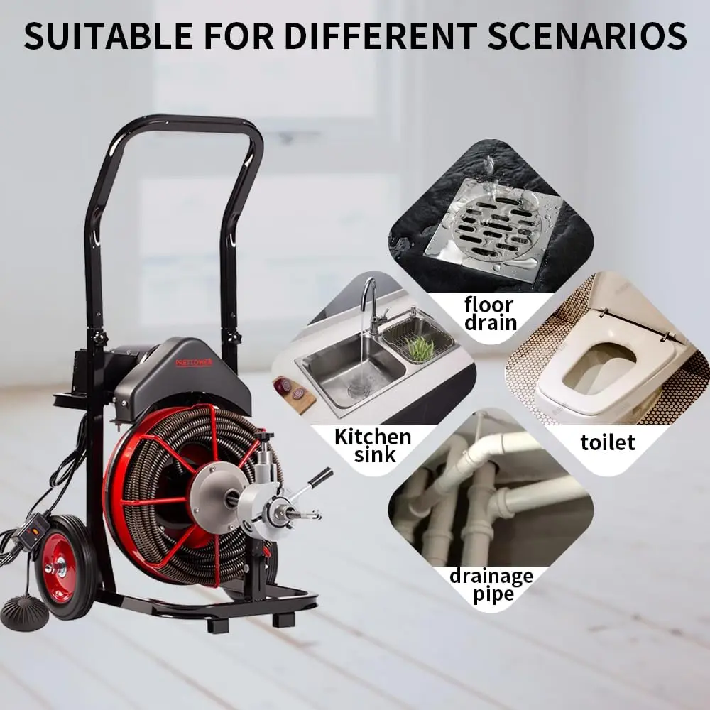 100FT x 1/2 inch Electric Drain Washer, Sewer Spiral Automatic Feed Portable Sewer Snake, Automatic Feed Drain