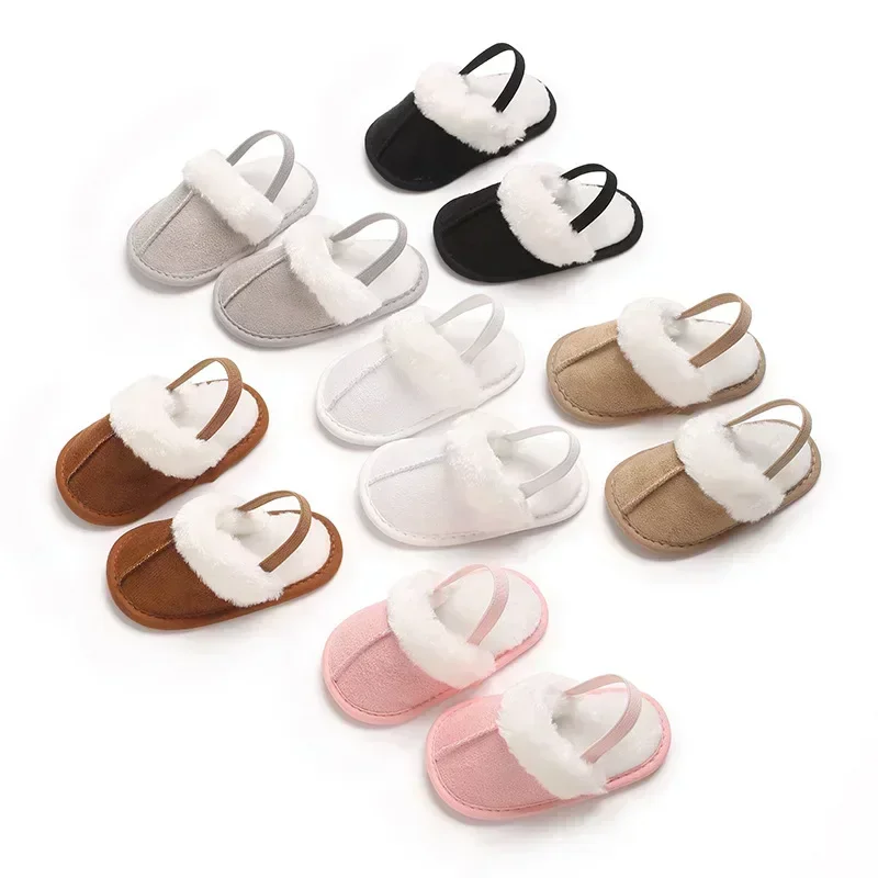 Winter Baby Slippers Fluffy Baby Boy Girl Sandals Cute Flower Embroidery Soft Non-slip Sole Toddler First Toddler Shoes