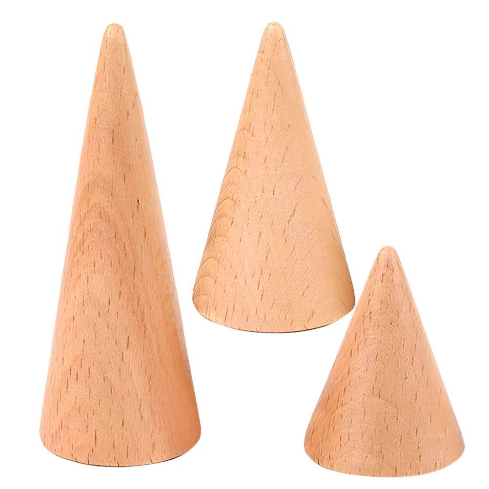 

3 Pcs Ring Display Base Jewelry Holders Wood Cone Bracket Stand Organizer Beech