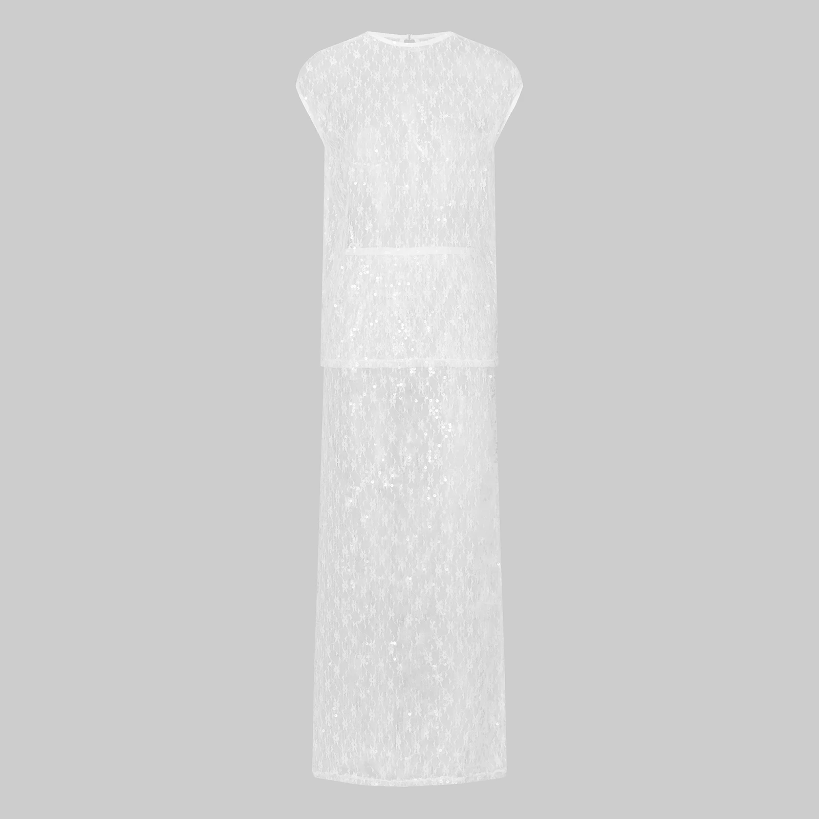 Women's Sequins Sheer 2 Piece Skirt Outfits Chic Beach Cover-ups Suits See Through Cap Sleeve Tops Long Skirt Sets 4