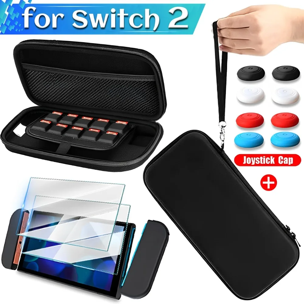 Nintendo Switch 2 용 운반 케이스 2025 스위치 2 용 조이스틱 캡이있는 강화 유리 화면 보호기 휴대용 EVA 여행용 가방