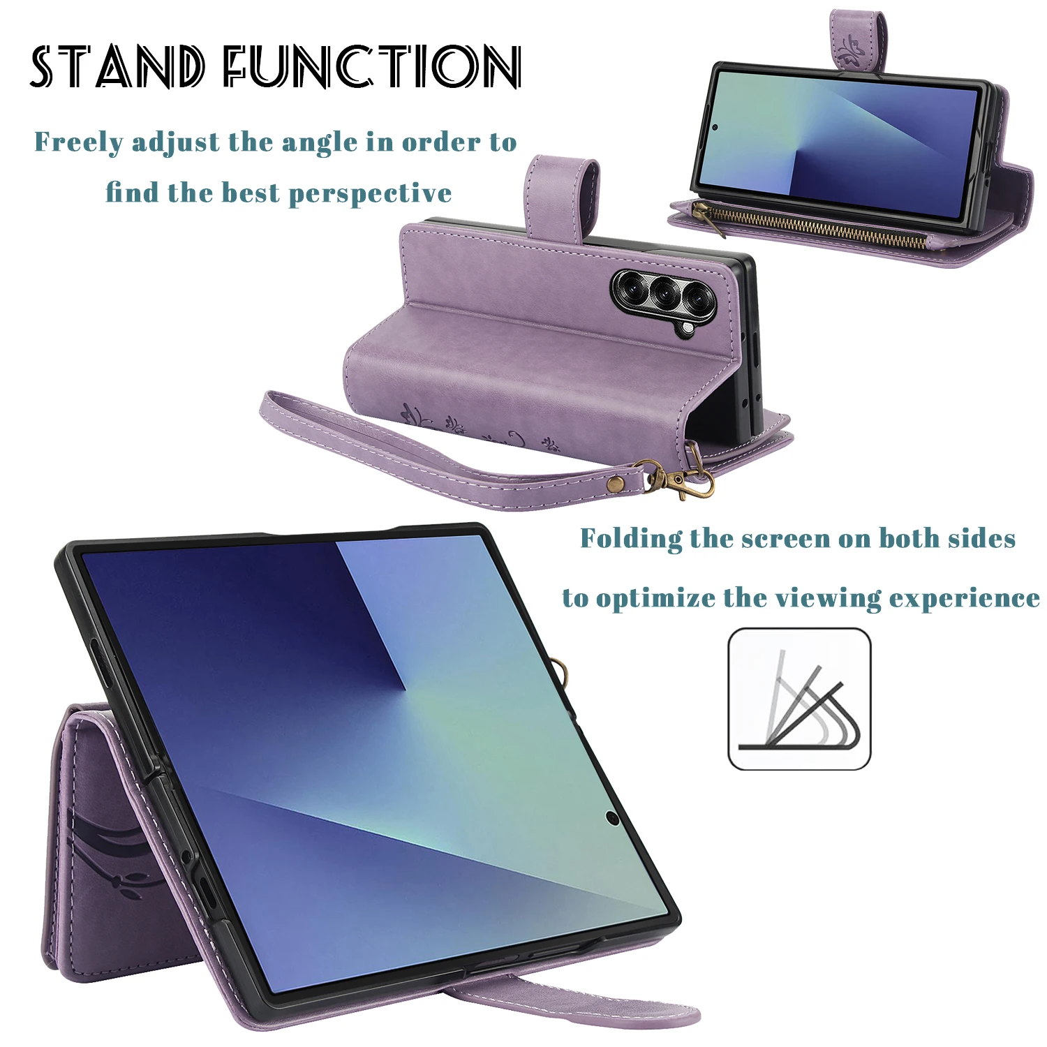 Leather Zipper Wallet Phone Case with Wrist Strap and Card Slot, Flip Stand Cover