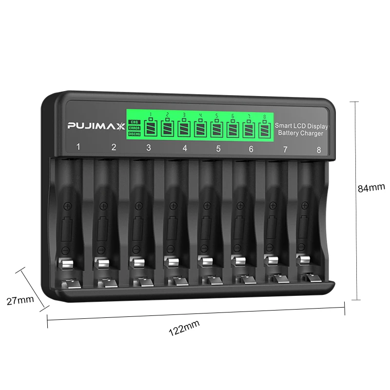 8-Slots LCD Display Fast Smart Battery Charger PUJIMAX Type-C Charging For 1.2V Ni-MH Ni-CD AA AAA Rechargeable