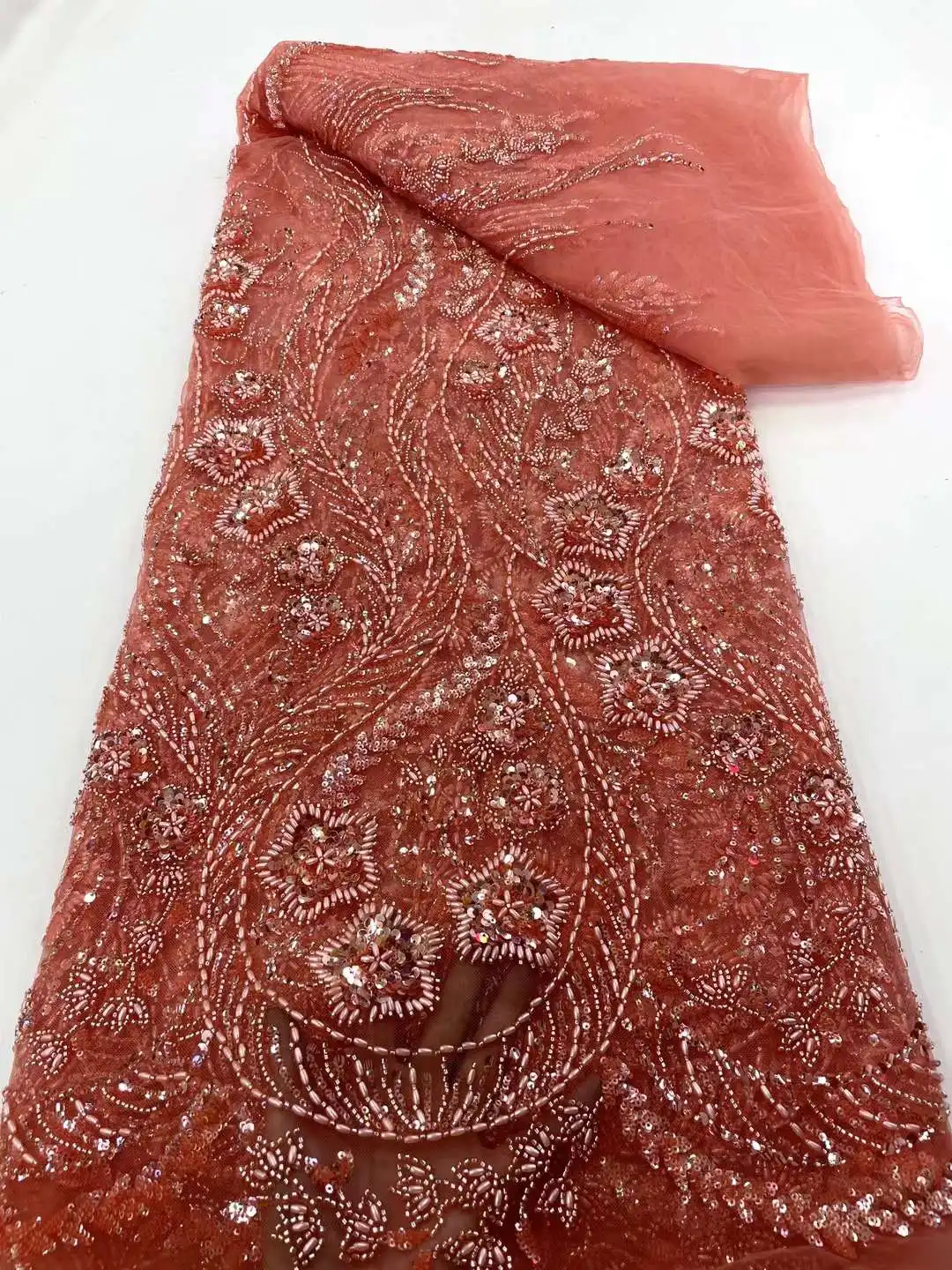 

African Beaded Lace Fabric 2023 Sequined Nigerian Lace Fabrics Bridal High Quality French Tulle Lace Fabric For Wedding Sewing