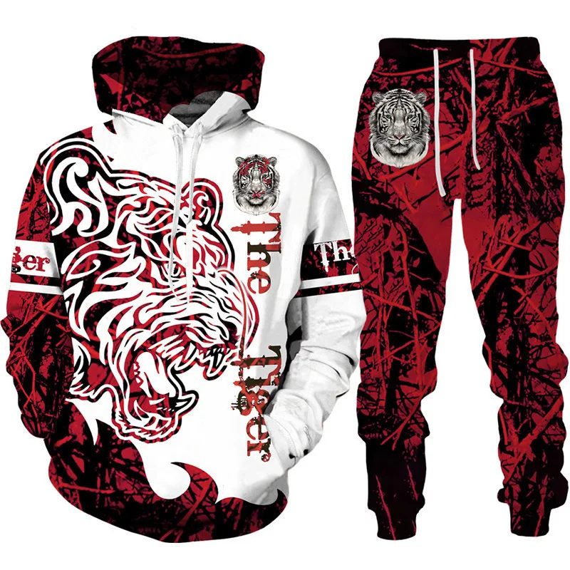 Cool Tiger 3D Animal Print Hoodie+Pants Suit Long Sleeve Pullover Men\'s Sportswear Tracksuit Couple Outfit Two Piece Jogging Set