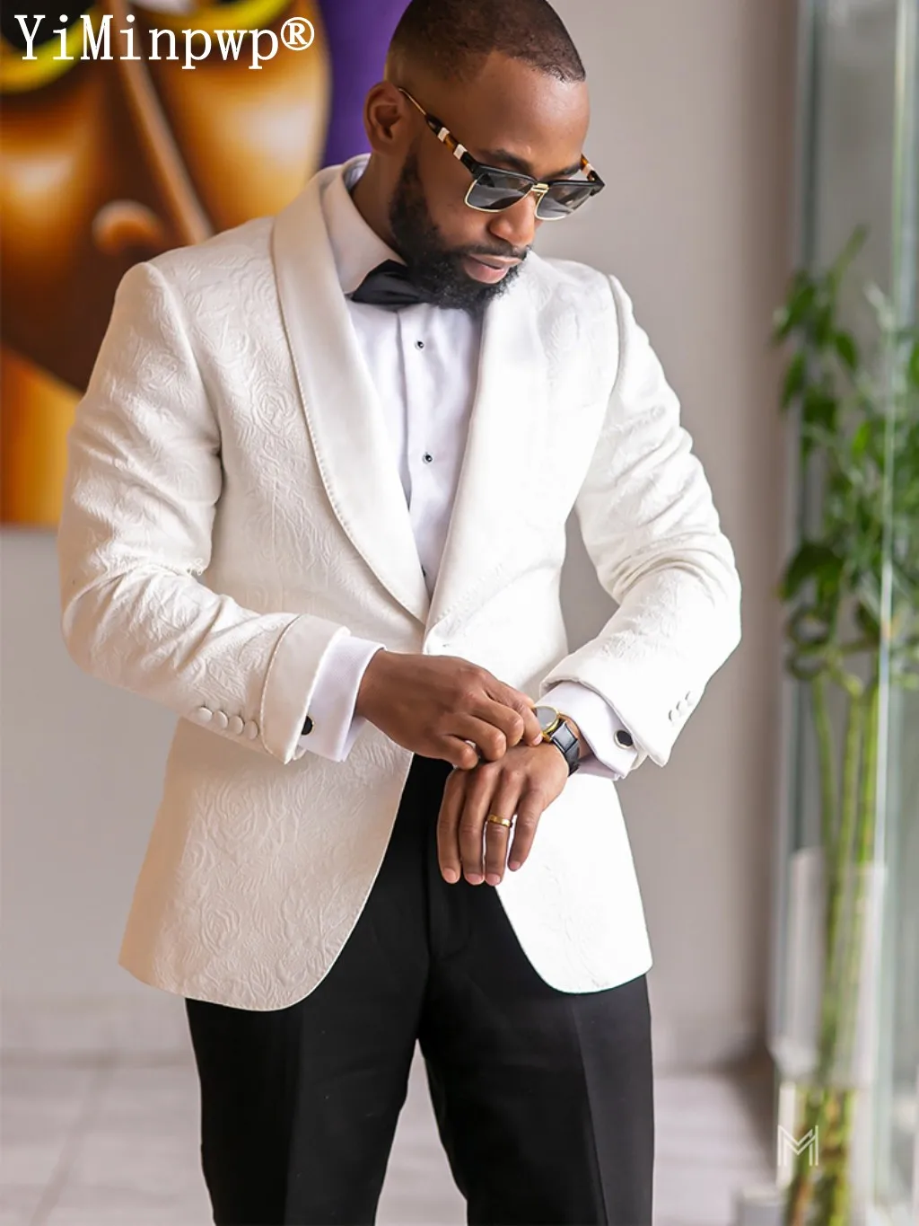 2024 White Jaquard Wedding Suits for Men Shawl Lapel One Button trajes elegante para hombres Blazer Tuxedos Jacket+Pants Bespoke