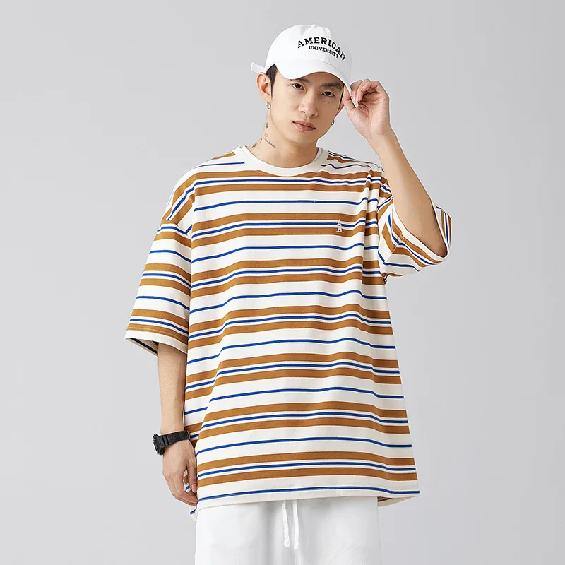 

Men's striped T-shirt Japanese fashion brand retro color matching short sleeve loose casual couple high quality men's wear