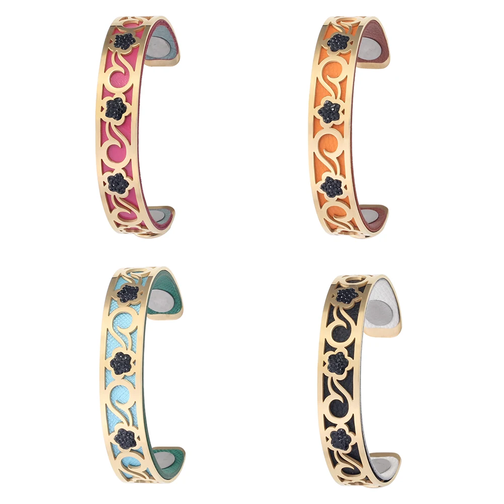 New Arrival Fashion Jewelry Flower-shaped Interchangeable Leather Bracelet For Women High Quality Stainless Steel Charm Bangles