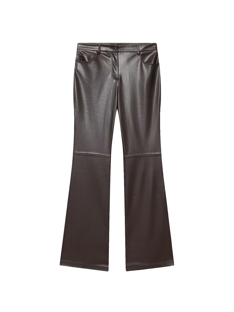 Women's Solid Faux Leather Trousers Elegant High Waist Vintage Street PU Slimming Zip Up Flared Pants Fashion Casual Streetwear