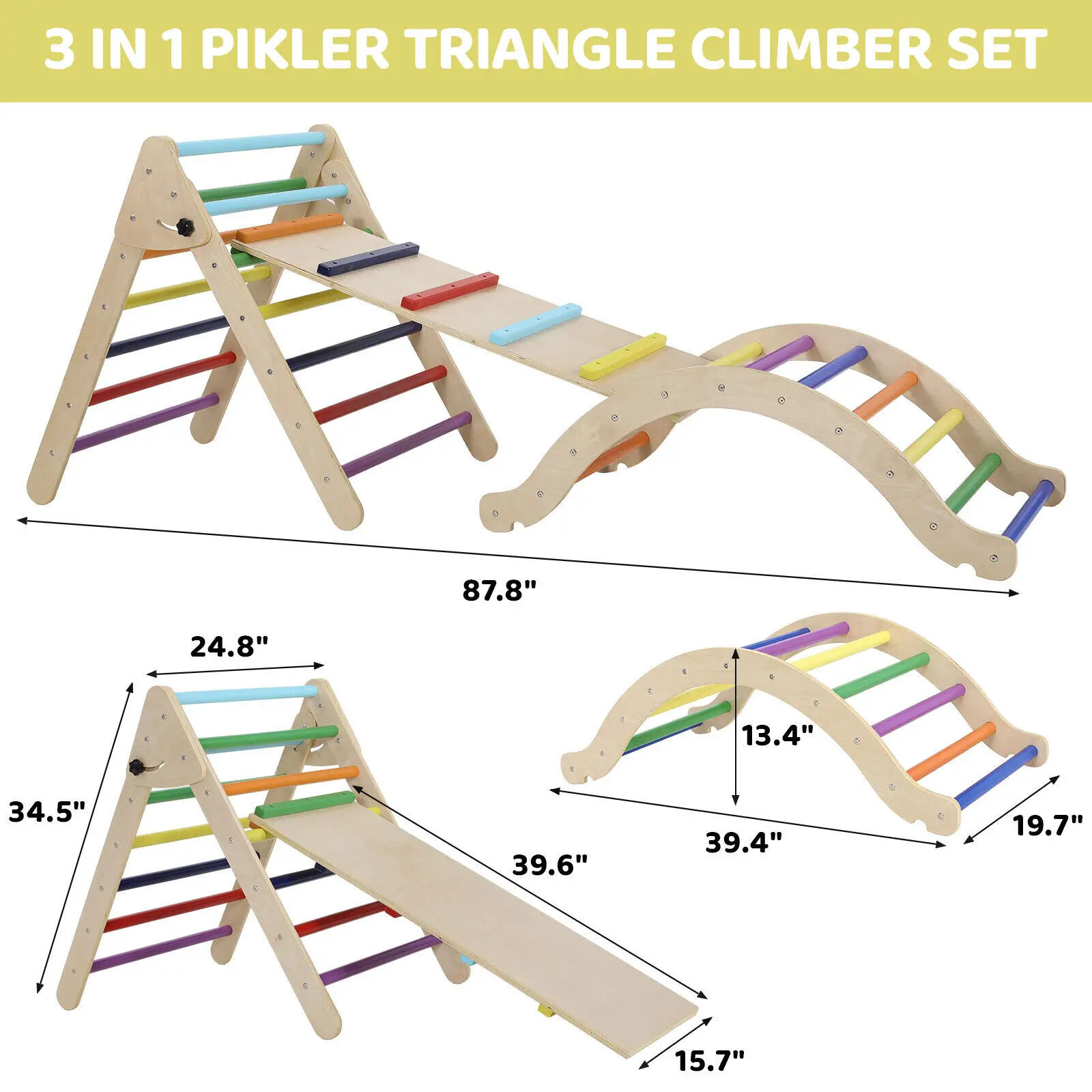 Foldable Climbing Triangle Ladder Toys with Ramp for Sliding,Climbing Set of 3 Wooden Safety Sturdy Kids Play Gym Indoor Outdoor 3