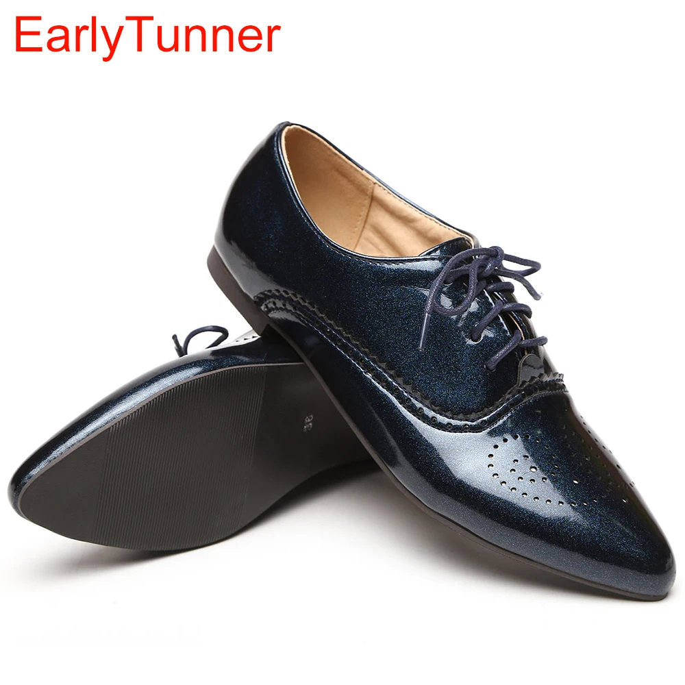 Fashion Women Glossy Oxfords Black Blue White Female Brogue Shoes Low Heels ASP51-5 Plus Big Size 32 43 10