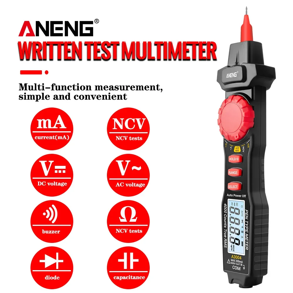 

ANENG A3004 Pen Type Digital Multimeter 4000 Counts No-Contact AC/DC Voltage Resistance Capacitance Diode Continuity Test Meter