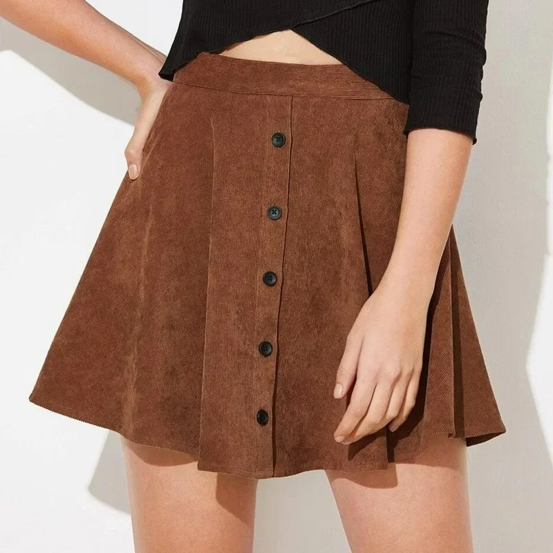 

Solid Color Corduroy Women's Skirts Fashion Single Breasted High Waist A-line Skirt