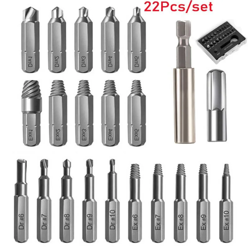 22pcs/set Damaged Screw Extractor Remover Kit Disassemble Broken Bolt Head Screw with Magnetic Drill Bit Set Stripped Screw Tool