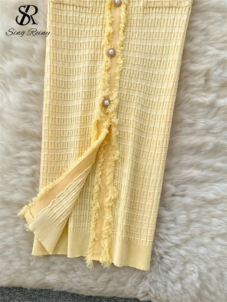 SINGREINY Workwear Elastic Knitted Dress Women Short Sleeves Single Breasted Design 2025 Summer Korean Vintage Split LongDress 4