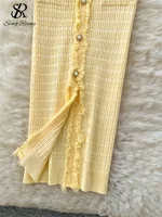 SINGREINY Workwear Elastic Knitted Dress Women Short Sleeves Single Breasted Design 2025 Summer Korean Vintage Split LongDress - Image 4