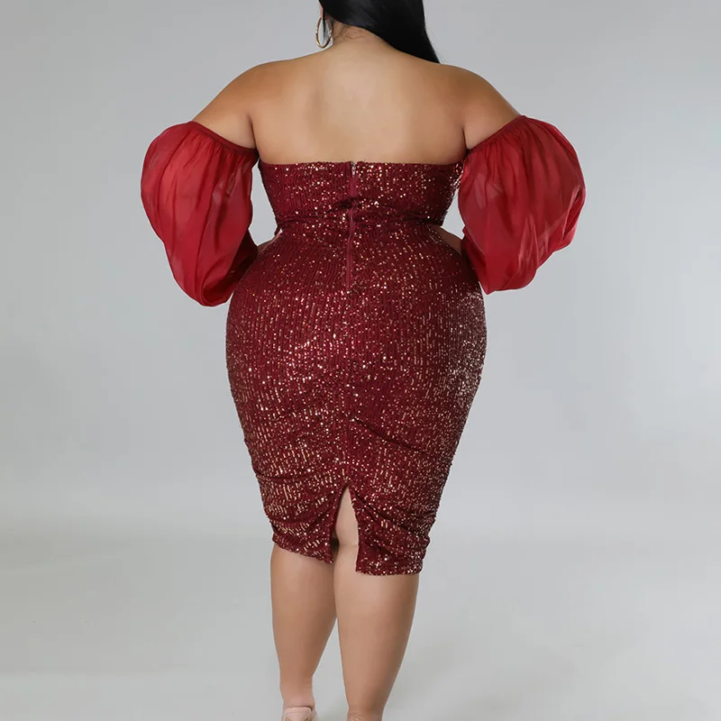 Nightclub Fashion Off Shoulder Sequined Sexy Patchwork Gauze Long Sleeve Spring Summer Zipper Bag Hip Plus Size Dress for Women