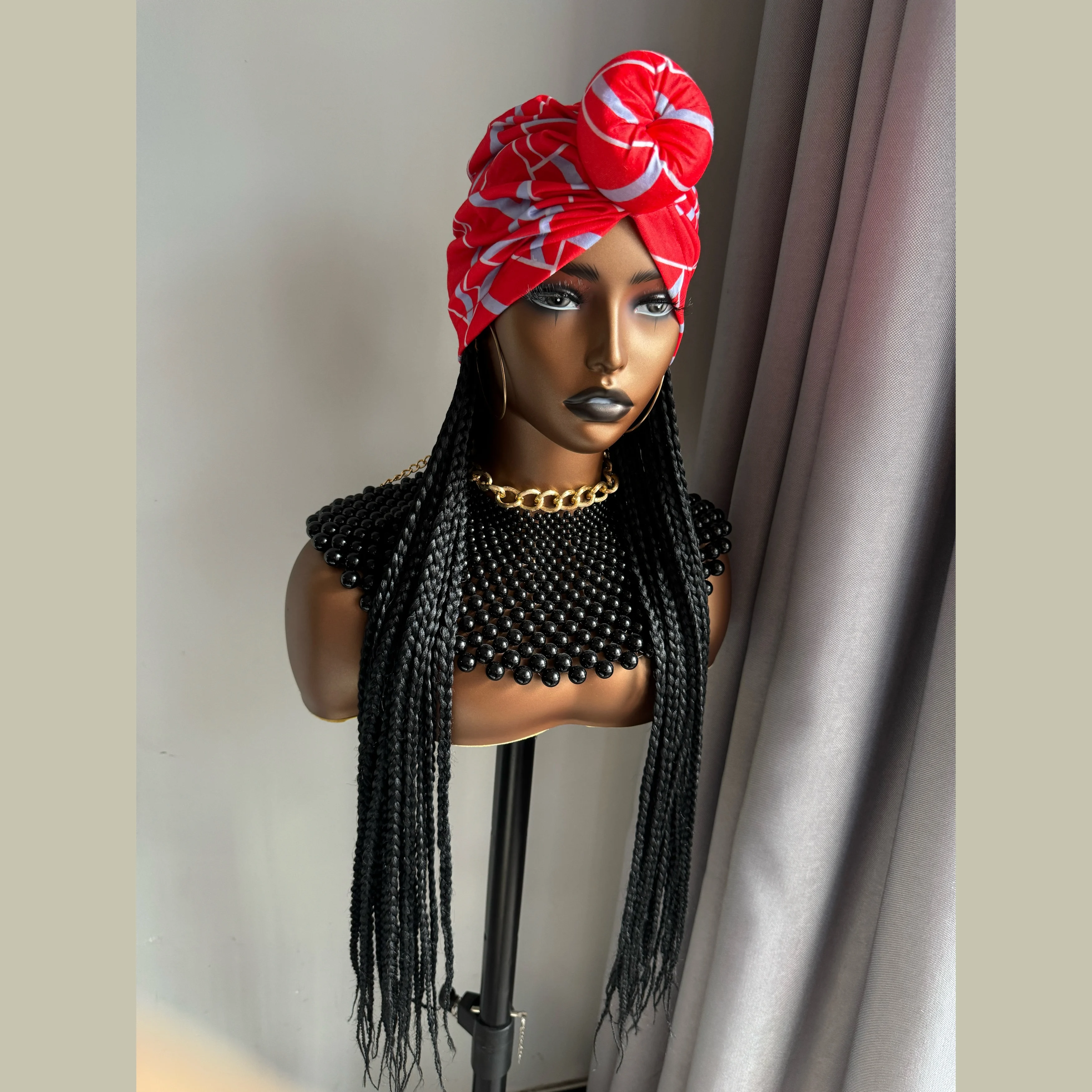Synthetic Hair Wigs WIGERA Long 24&ldquo; Black Box Braided Synthetic Wig With Headband Turban Hat