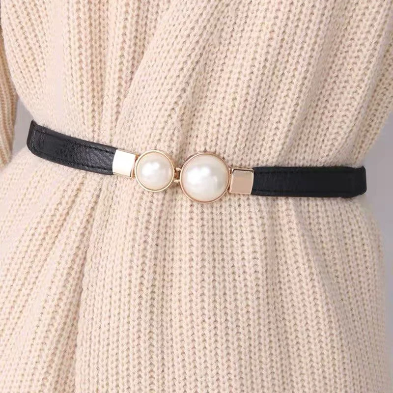 

Pearl Buckle Belt PU Leather Dress Skirt Waist Elastic Thin Women Belts Ladies Waistband Accessories