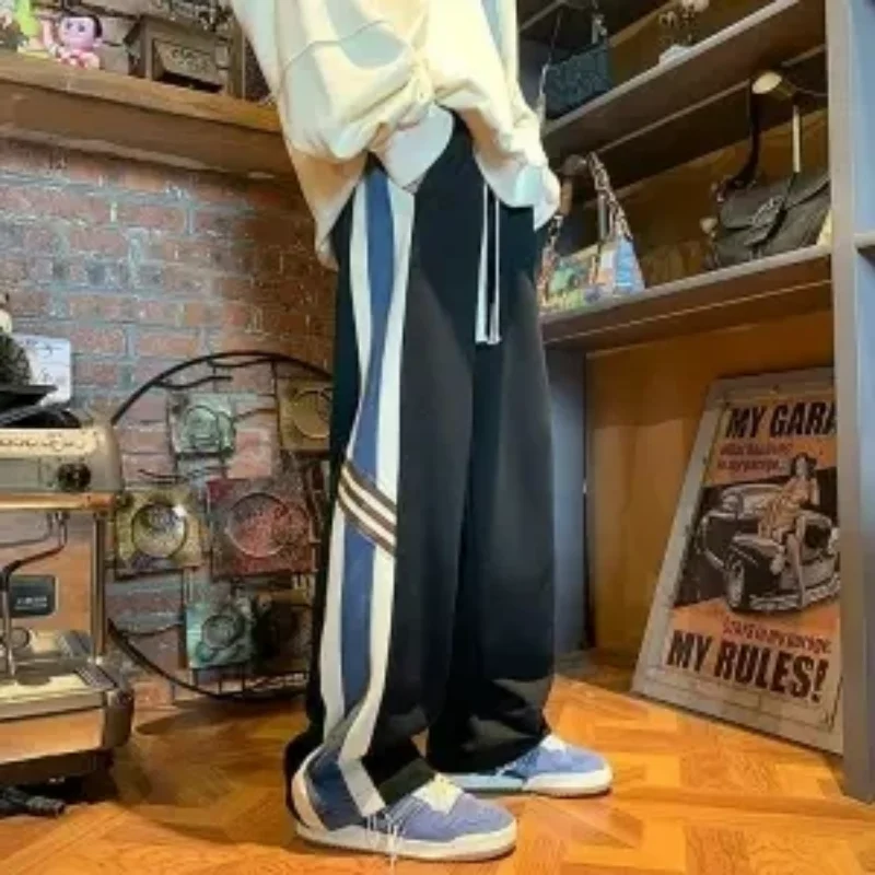 Youth Korean Trendy Loose Straight Casual Pants Patchwork Elastic Waist Pockets Stripe Contrast Sports Loose Wide Leg Trousers