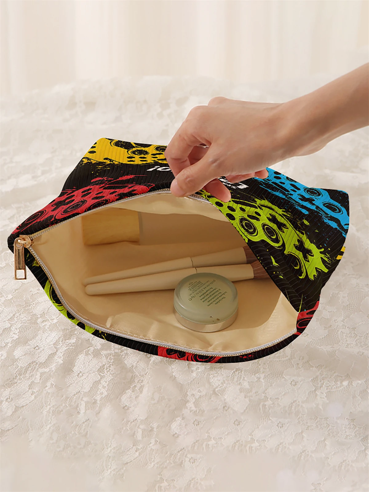 1 game console patterned corduroy makeup bag, lightweight zipper makeup storage box, multifunctional bag with lining