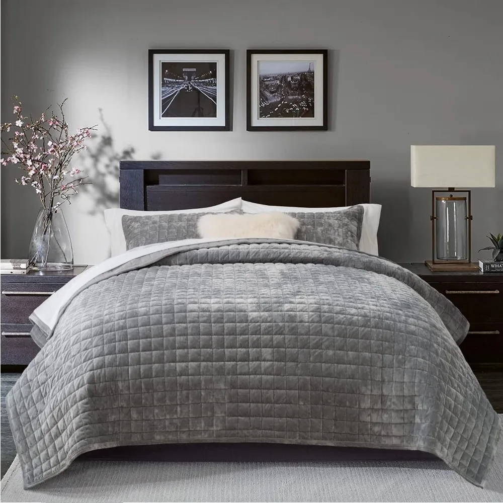 

Luxury Velvet Quilt Set King Size, Lightweight Velvet Comforter Set, Oversized Bedspread Coverlet Quilted Bedding Set