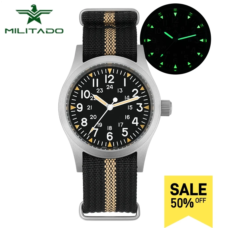 Militado VH31 Domed Sapphire Crystal 38mm Field Watch ML05  Sapphire Crystal With High Clear AR Coating Luminous 38mm Watches