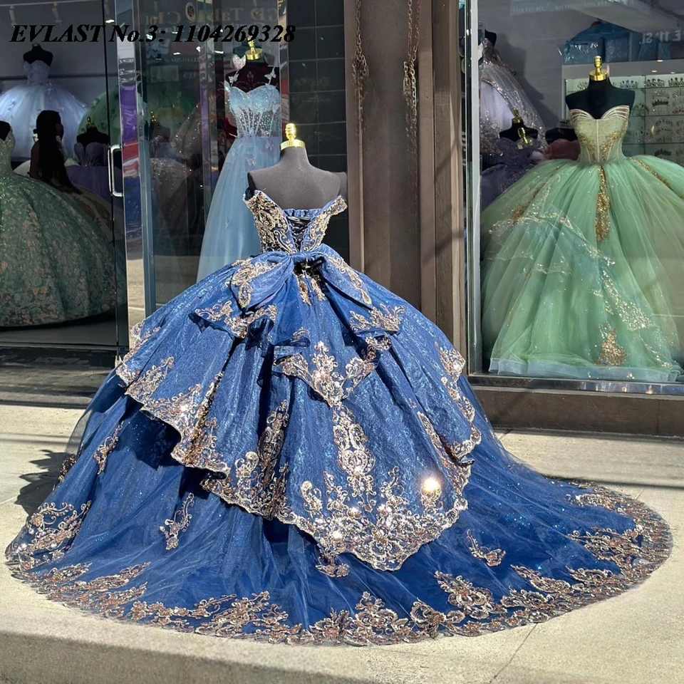 EVLAST Customized Navy Blue Quinceanera Dress Ball Gown Gold Lace Applique  Beading Bow Sweet 16 Dress Vestidos De 15 Anos E3Q537 - AliExpress 320
