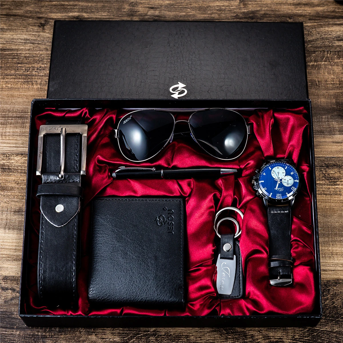 Ensemble de coffret cadeau d'affaires, portefeuille, ceinture, montre, stylo, lunettes, ensemble combiné