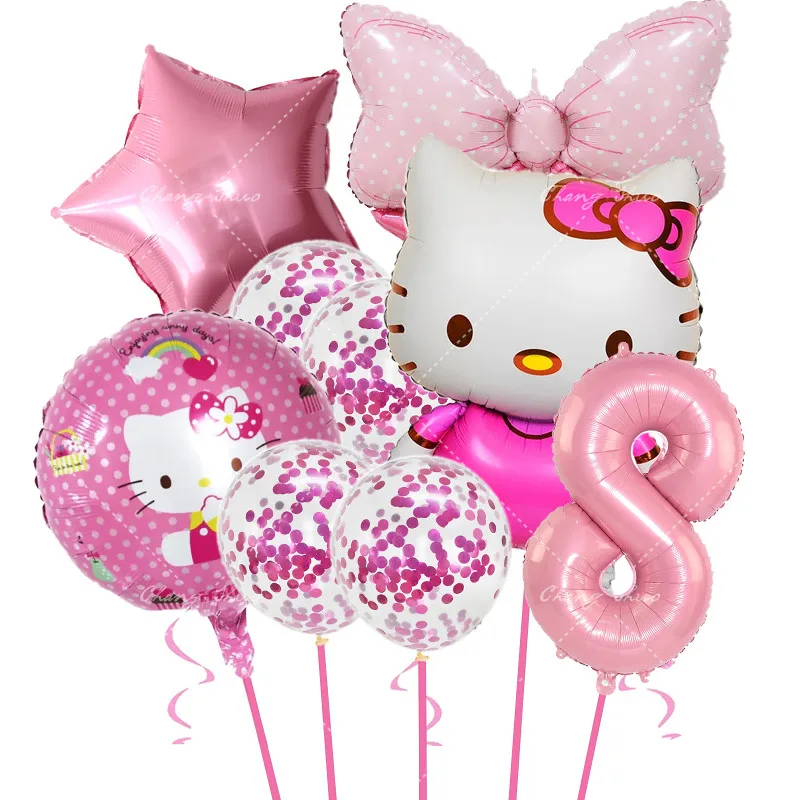 thumbnail image 1 of Juego de 9 globos de Hello Kitty de Sanrio con dibujos de gatos, globos de aluminio con números de 32 pulgadas para decoración de fiestas de cumpleaños de niñas, suministros para baby shower, 1 of 5