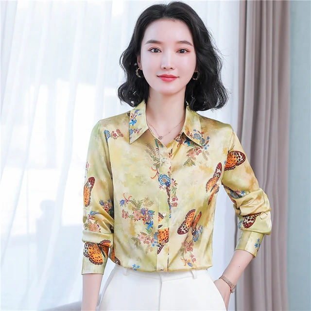 Lady Faux Silk Shirt Satin Blouse Tops Long Sleeve Office Lapel Formal  Plain