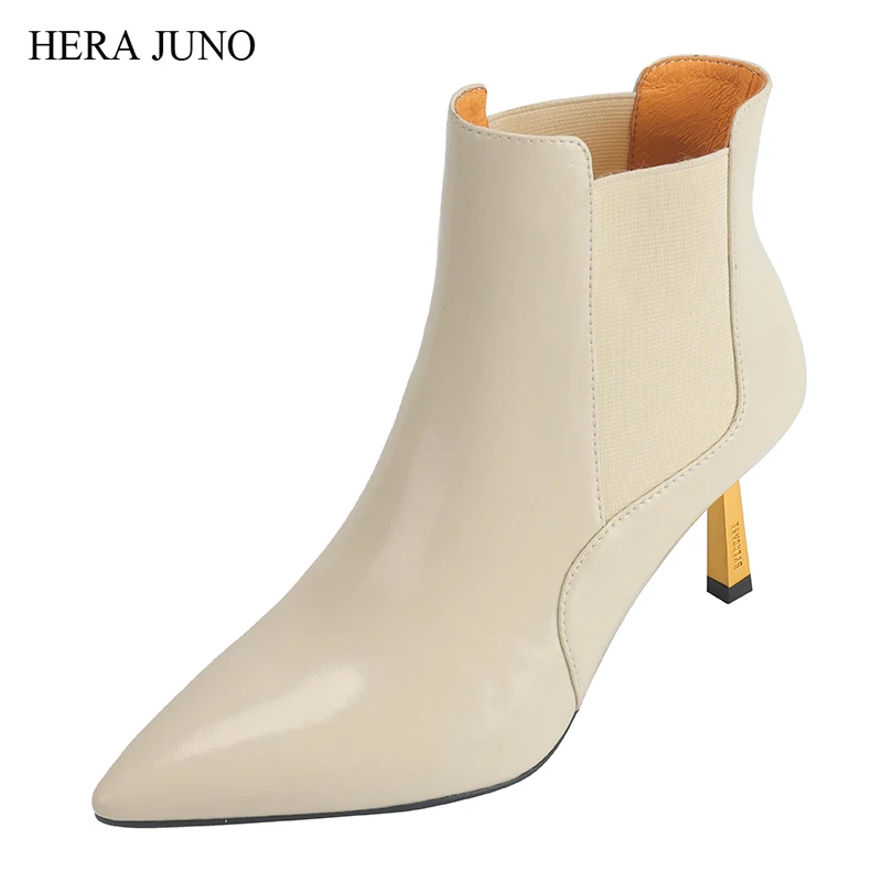 

HERA JUNNO Women's Square Toe Ankle Pull On Chelsea Patent Heels Dress Boots for Women Mid Calf Heel Dressy Boot Womens Leather