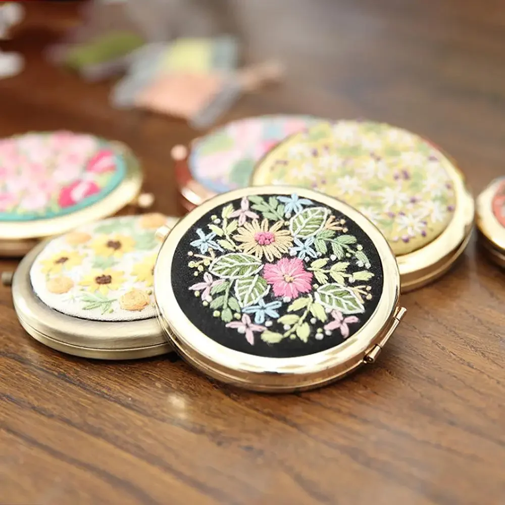 DIY Mini Round Makeup Mirror Embroidery Mirror Handcraft Needlework Cross Stitch Kit Double-Sided Material Package embroidery set embroidery kits
