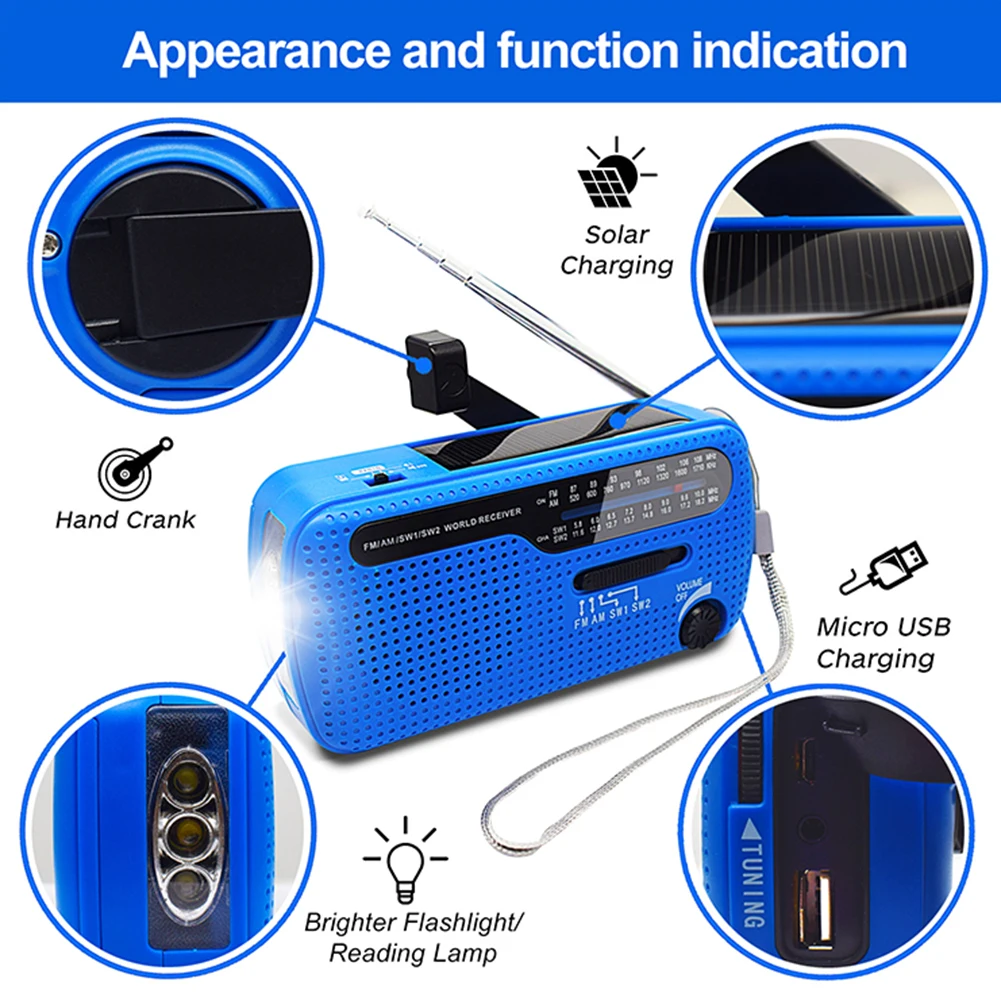 휴대용 야외 비상 라디오 SOS 알람, USB 핸드 크랭크, 태양열 핸드 크랭크 라디오, 1200mAh