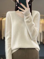 Basics 2024 Autumn Winter Women Sweater 100% Merino Wool V-Neck Knitwear Solid Office Lady Pullover Long Sleeve Cashmere Clothes - Image 2