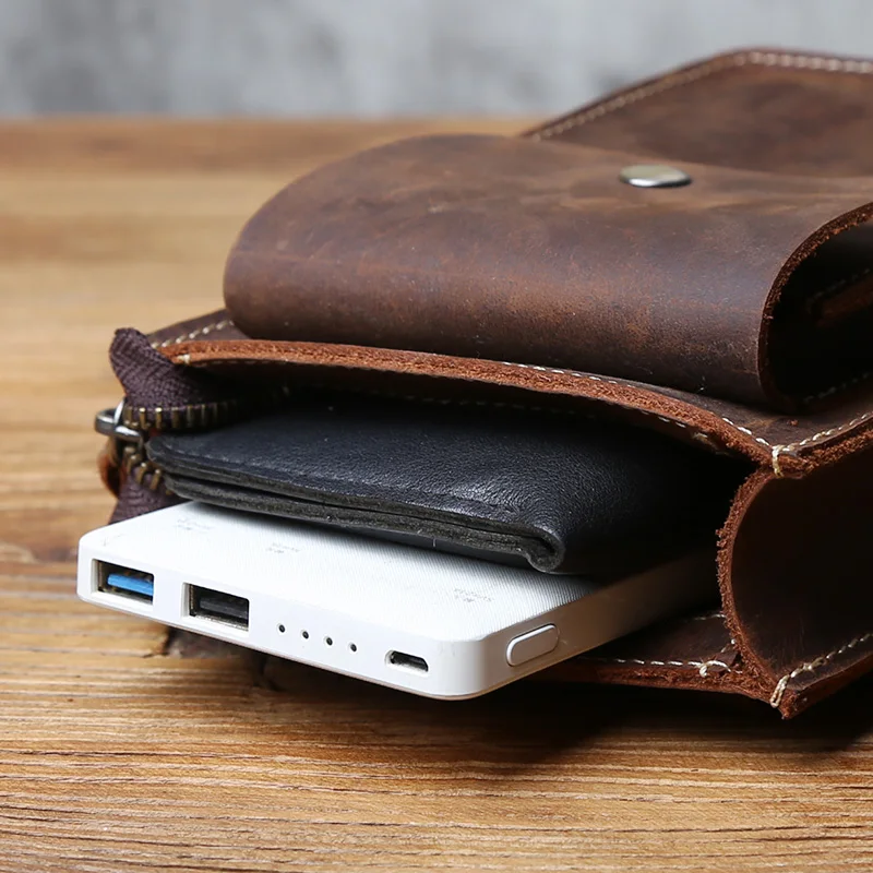NZPJ Genuine Leather Men's Waist Bag Retro Top Layer Cowhide Single Shoulder Bag Crazy Horse Leather Mobile Phone Bag Satchel