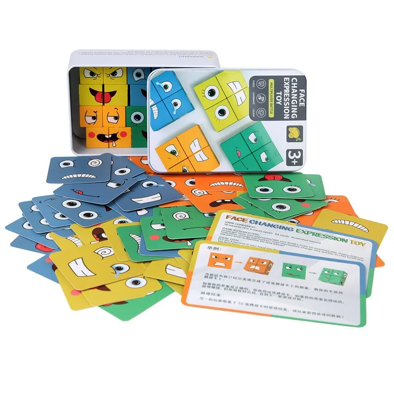 Küp yüz değişen yapı taşları kurulu oyunu karikatür bulmaca Montessori oyuncaklar ahşap seviye oyunu düşünme meydan çocuklar oyuncaklar