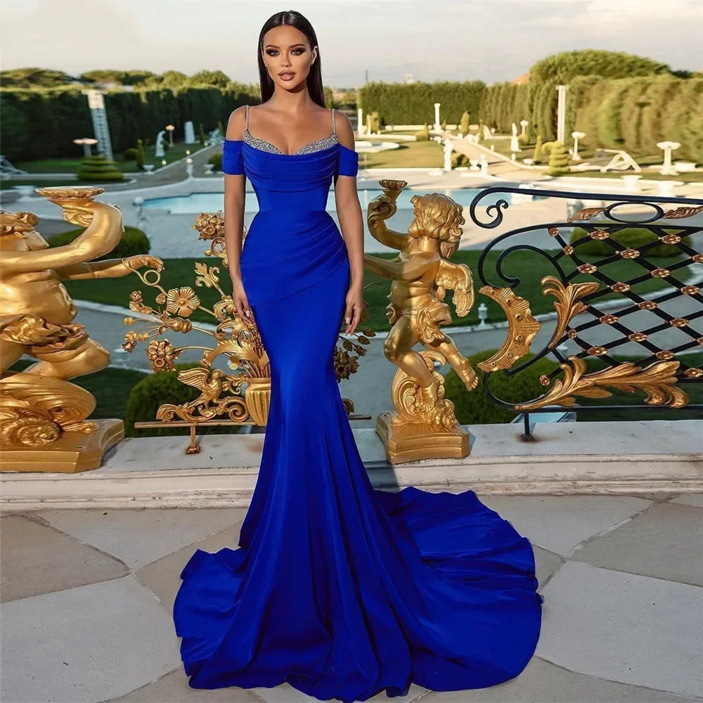 

Elegant Royal Blue Satin Mermaid Prom Dresses Off The Shoulder Sequieds Evening Dress vestidos de fiesta robes de soiré 2024