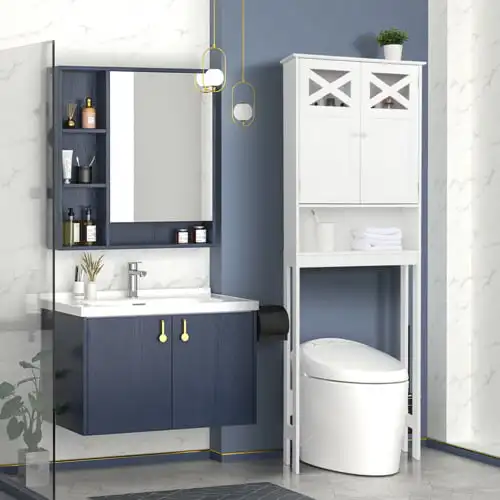 Over The Toilet Storage Cabinet, Double Door Bathroom Organizer w/ Shelf,  Grey