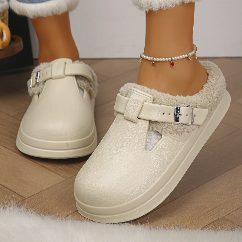 Waterproof EVA Furry Mules Slippers Women Metal Buckle