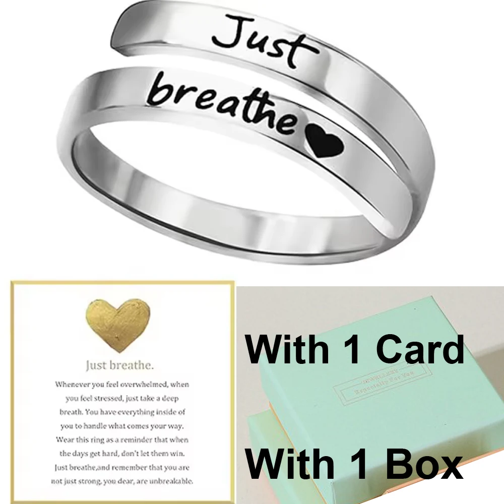 Inspirational Just Breathe Stainless Steel Spiral Wrap Healing Ring with Message Card Gift Box