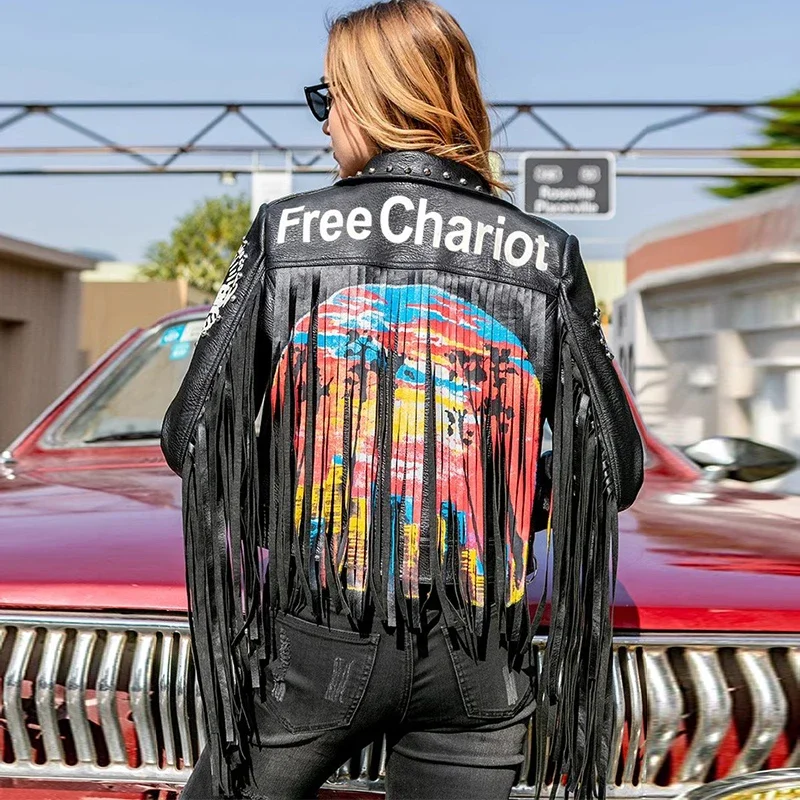 Cropped Fringed Leather Jacket Woman 2024 Trend Punk Rivets Style Streetwear Graffiti Print Black Faux Leather Motorcycle Jacket