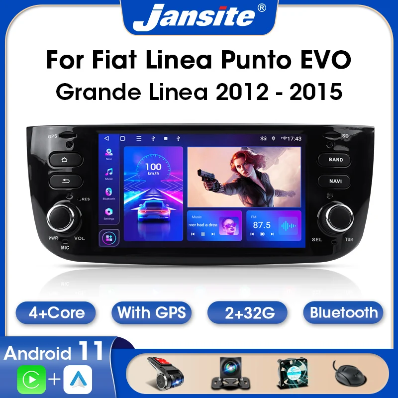 Jansite 2 Din Android 11 Lettore Autoradio Per Fiat/Linea/Punto Evo 2012-2015 Multimedia Autoradio Supporto Unità Principale Carplay Dvd