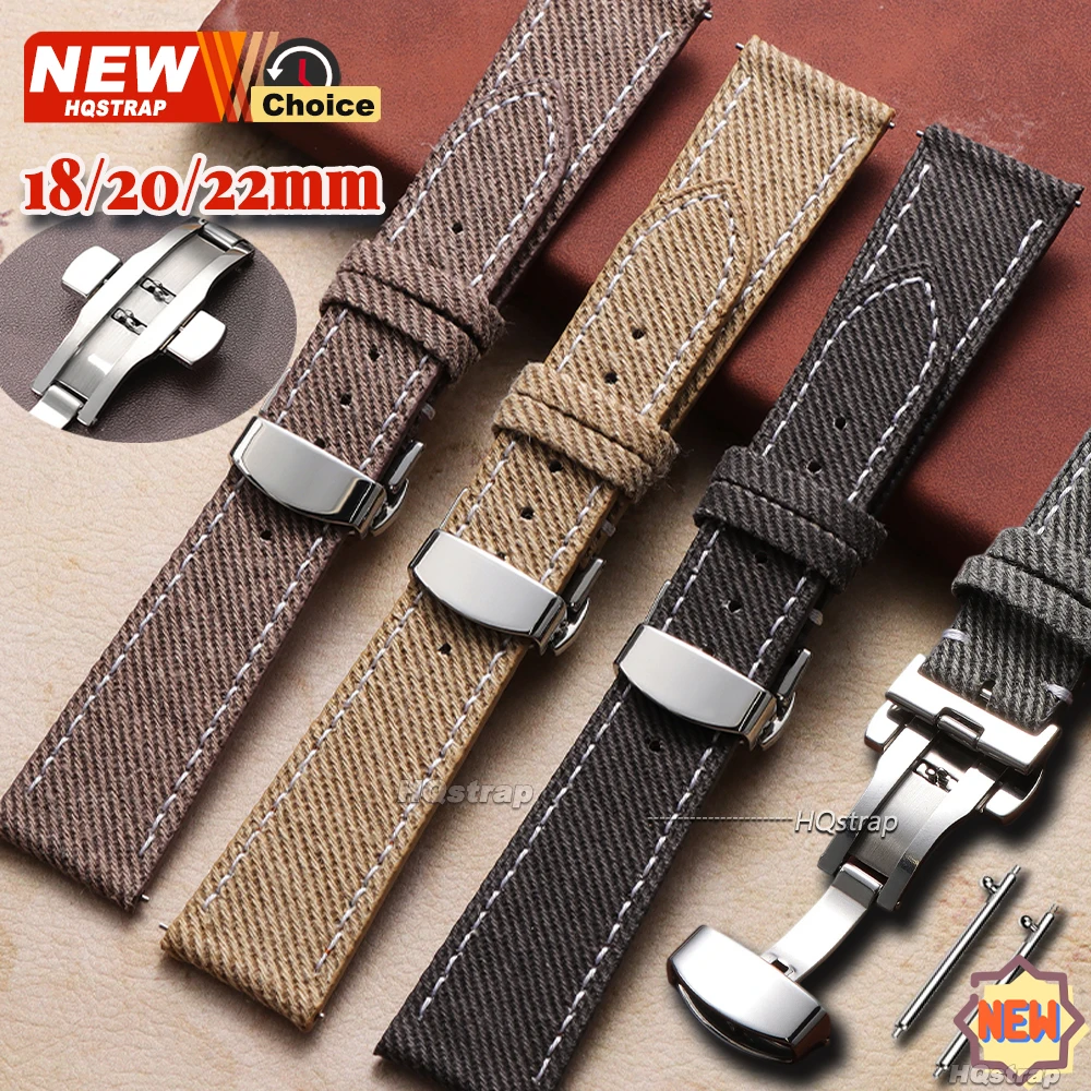 Butterfly Clasp Denim-Style Leather Smartwatch Strap with Pin Buckle