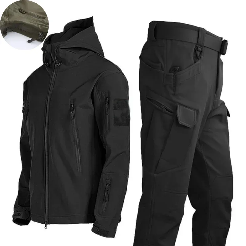 Men's Hiking Jackets Outdoor Softshell Suits Waterproof Camouflage Pants Tactical Hooded Fleece Coat Winter Gift Belt