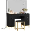 Large Black Makeup Vanity Desk Set with LED Mirror & Charger Station, Glass Top Vanity with 9 Drawers and Adjustable 1