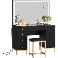 Large Black Makeup Vanity Desk Set with LED Mirror & Charger Station, Glass Top Vanity with 9 Drawers and Adjustable 1