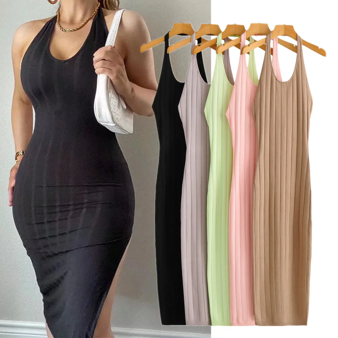 

Dave&Di Ins Fashion Summer Party Forking Dress Women Blogger High Street Halter Sexy Backless Rib Knitted Tank Dress